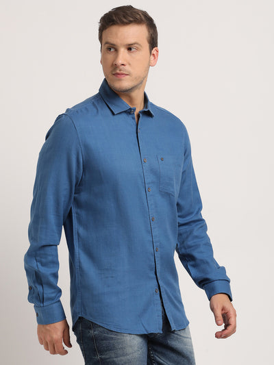 Cotton Lyocell Blue Plain Slim Fit Full Sleeve Casual Shirt