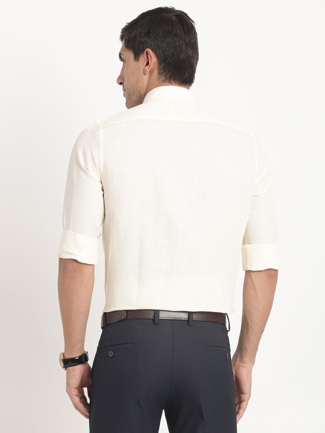 Cotton Linen Cream Plain Slim Fit Full Sleeve Formal Shirt