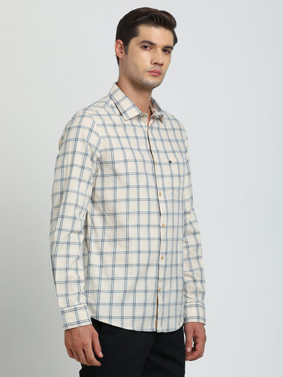 100% Cotton Beige Checkered Slim Fit Full Sleeve Casual Shirt