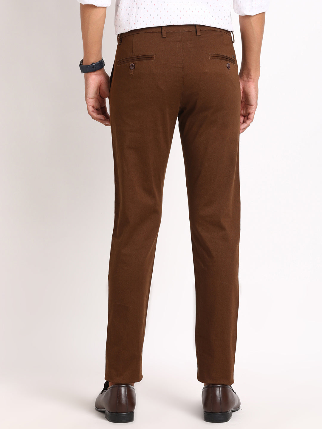 Cotton Stretch Brown Printed Narrow Fit Flat Front Casual Trouser