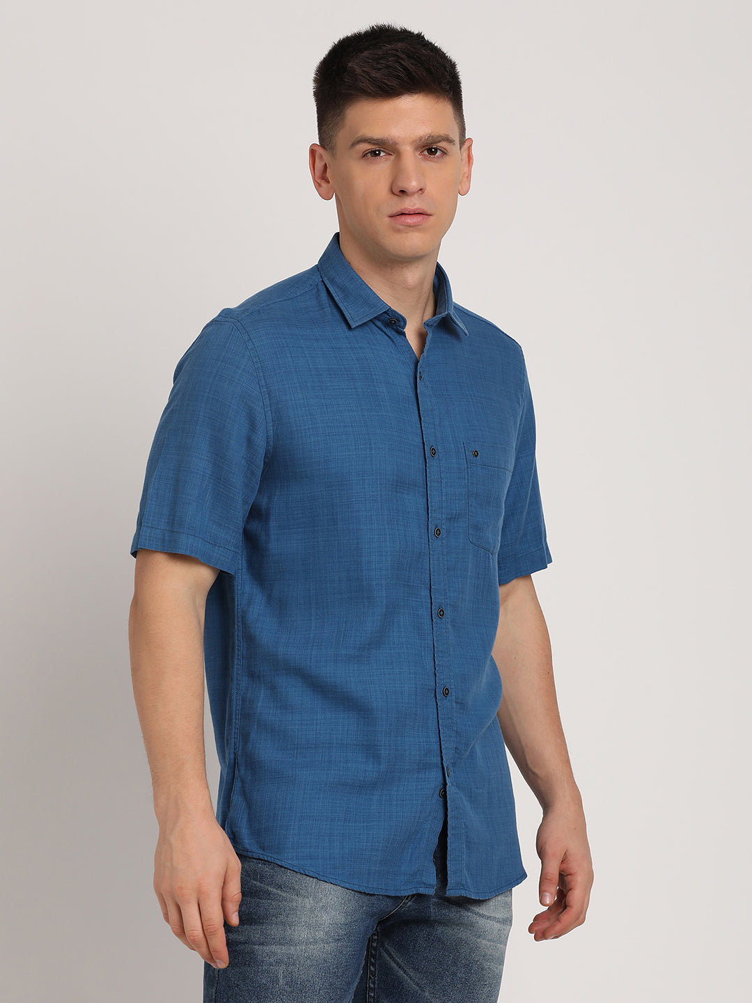 Cotton Lyocell Blue Plain Slim Fit Half Sleeve Casual Shirt