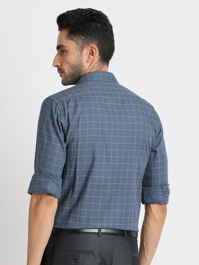 100% Cotton Navy Checkered Slim Fit Full Sleeve Formal Shirt