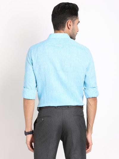 Pure Linen Turquoise Plain Slim Fit Full Sleeve Formal Shirt