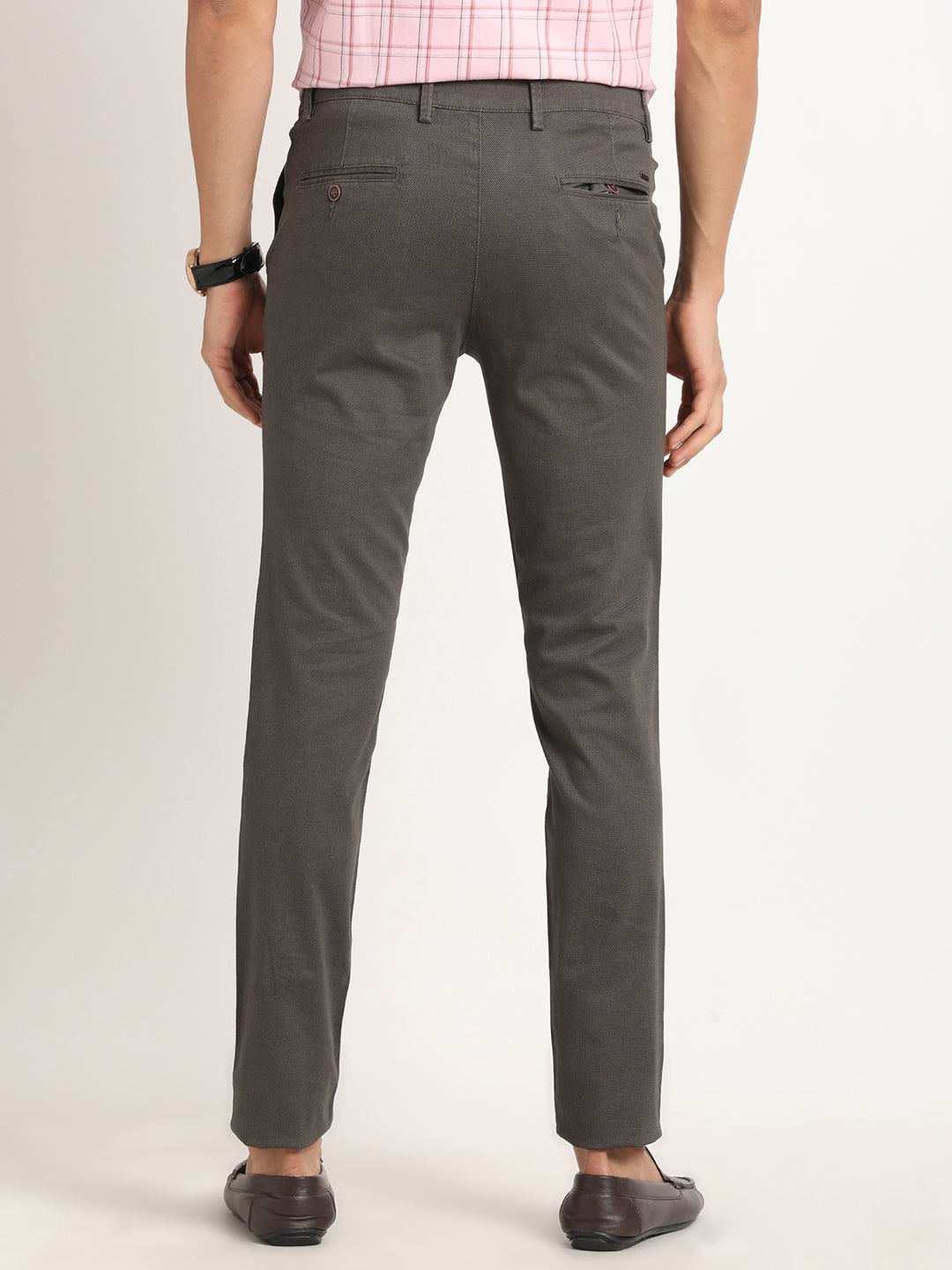 Cotton Stretch Dark Grey Dobby Narrow Fit Flat Front Casual Trouser