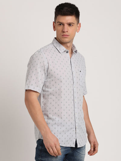 Cotton Linen Off White Printed Slim Fit Half Sleeve Casual Shirt