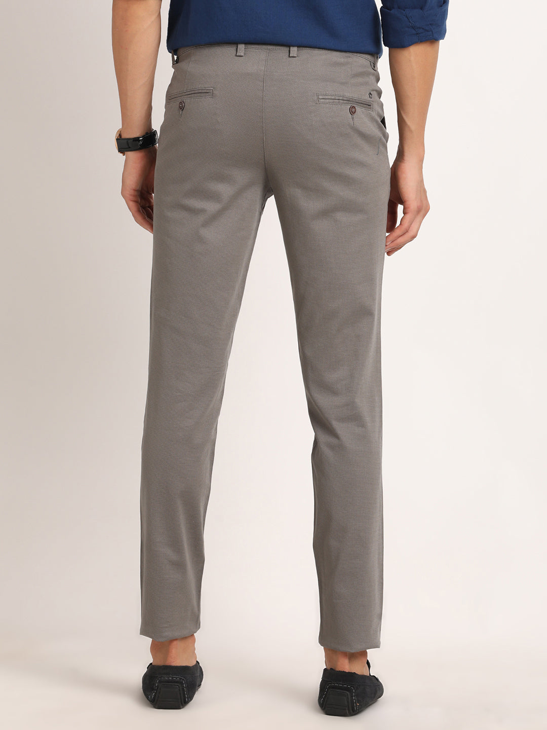 Cotton Stretch Grey Dobby Narrow Fit Flat Front Casual Trouser
