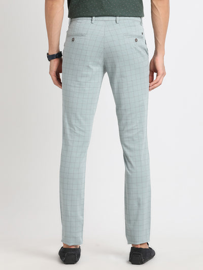 Cotton Stretch Light Blue Checkered Narrow Fit Flat Front Casual Trouser