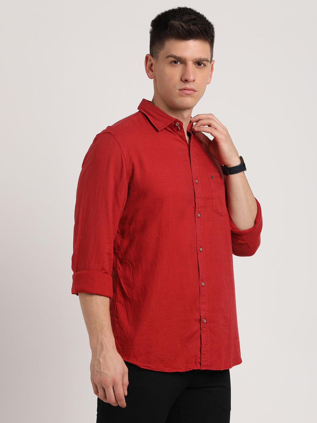 Cotton Lyocell Red Plain Slim Fit Half Sleeve Casual Shirt