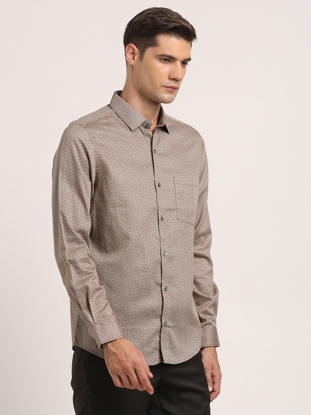 Cotton Stretch Brown Printed Slim Fit Full Sleeve Formal Shirt