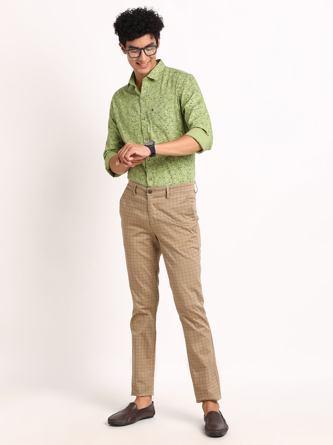 Cotton Stretch Khaki Checkered Narrow Fit Flat Front Casual Trouser