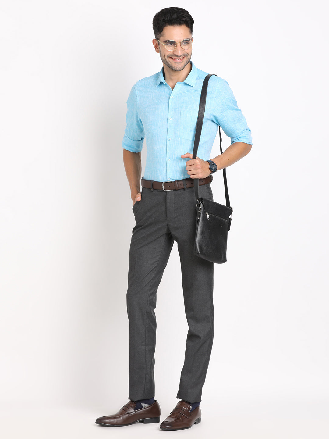 Pure Linen Turquoise Plain Slim Fit Full Sleeve Formal Shirt