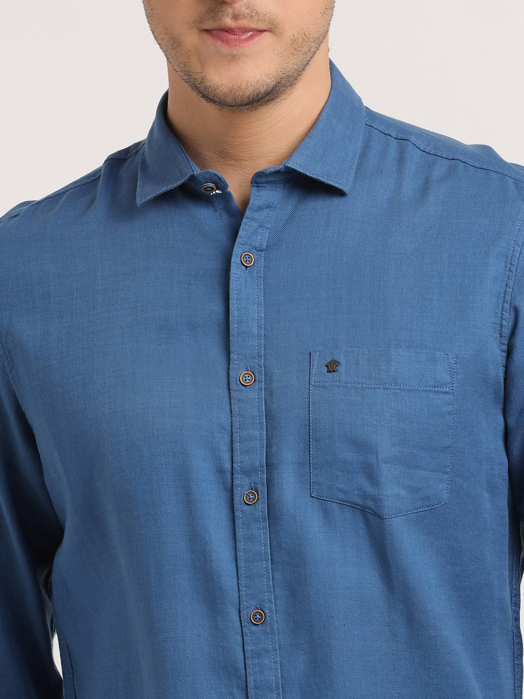 Cotton Lyocell Blue Plain Slim Fit Full Sleeve Casual Shirt