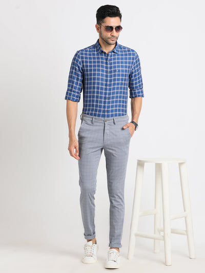 Cotton Stretch Grey Checkered Narrow Fit Flat Front Casual Trouser