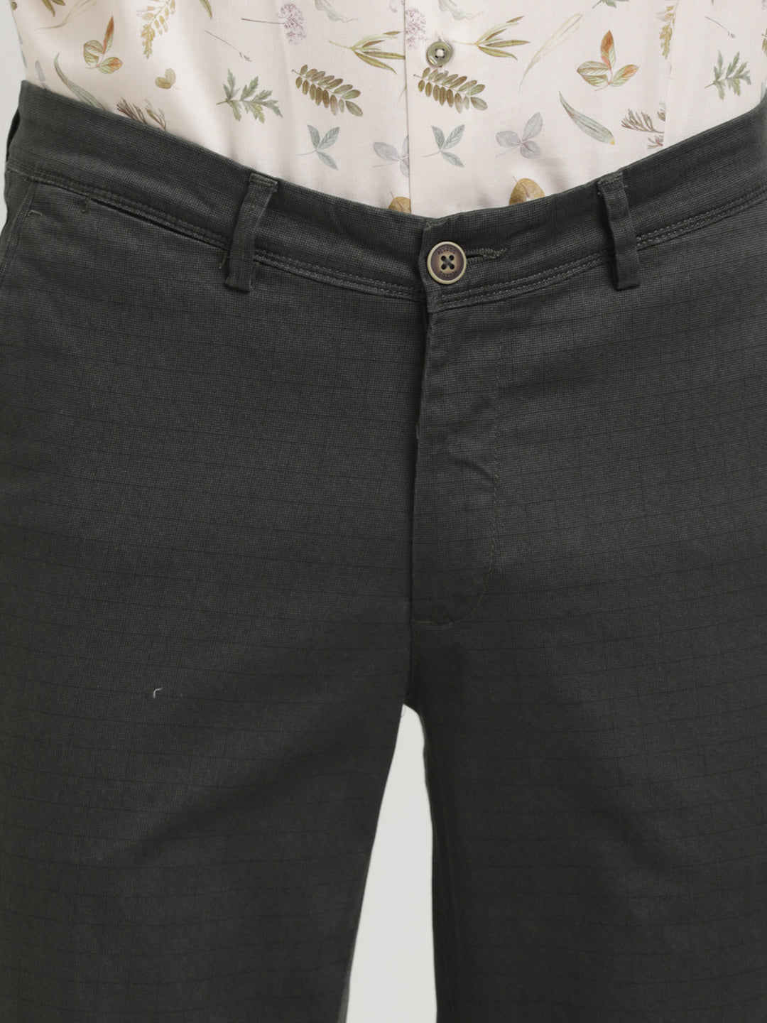 Cotton Stretch Charcoal Grey Printed Ultra Slim Fit Flat Front Casual Trouser