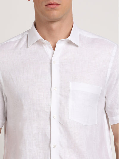 Pure Linen White Plain Regular Fit Half Sleeve Formal Shirt