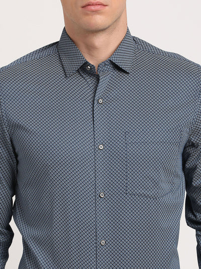 Cotton Tencel Blue Printed Slim Fit Full Sleeve Ceremonial Shirt
