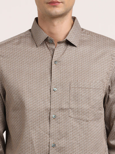 Cotton Stretch Brown Printed Slim Fit Full Sleeve Formal Shirt