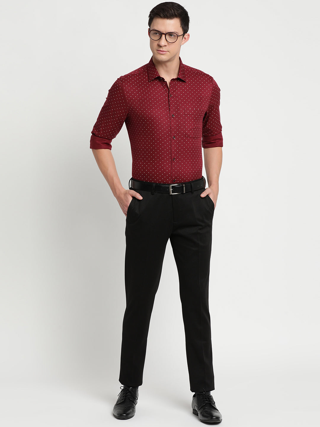 100% Cotton Maroon Printed Slim Fit Full Sleeve Formal Shirt