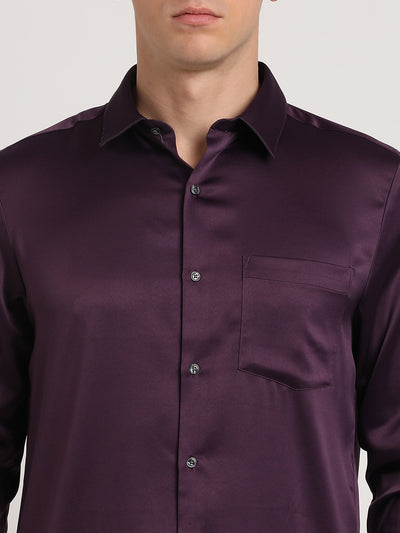 Poly Satin Purple Plain Slim Fit Full Sleeve Ceremonial Shirt