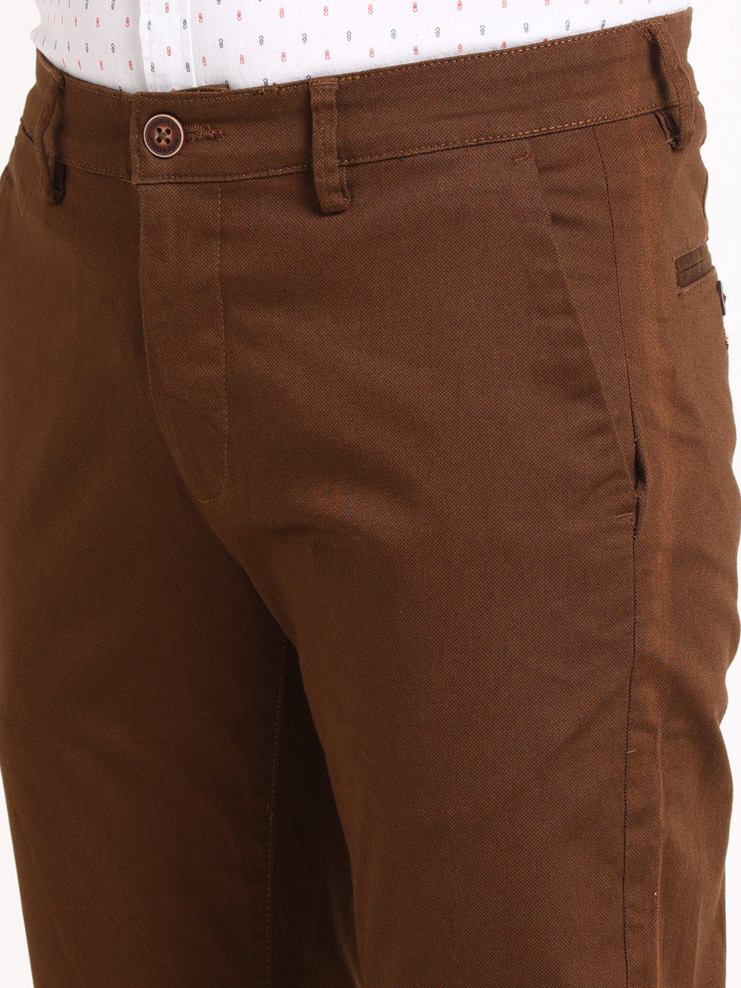 Cotton Stretch Brown Printed Narrow Fit Flat Front Casual Trouser