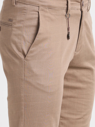 Cotton Stretch Khaki Checkered Ultra Slim Fit Flat Front Casual Trouser