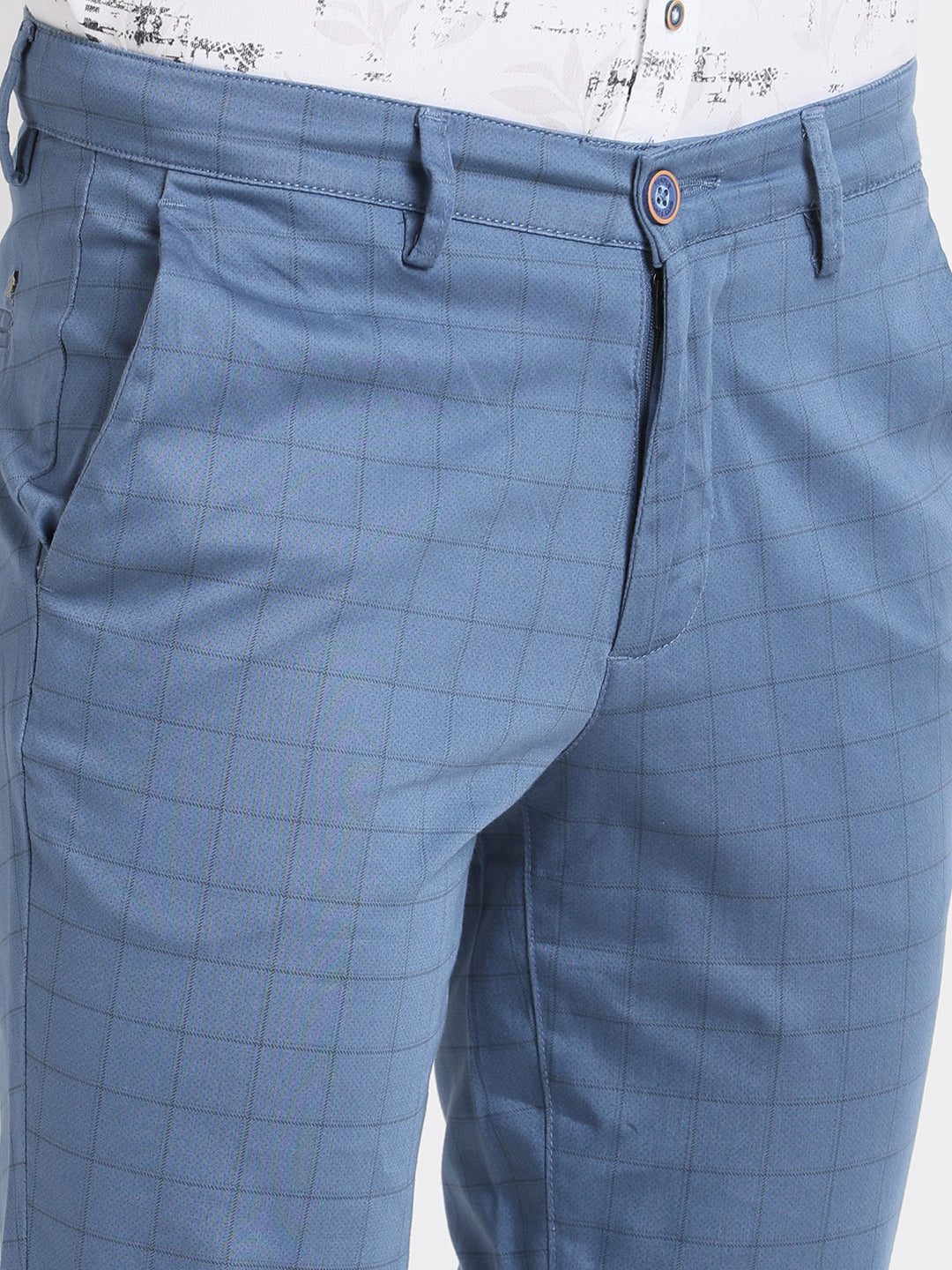 Cotton Stretch Blue Checkered Narrow Fit Flat Front Casual Trouser