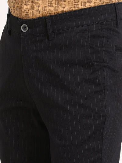 Cotton Stretch Black Printed Narrow Fit Flat Front Casual Trouser