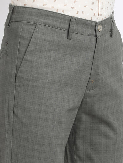 Cotton Stretch Olive Checkered Narrow Fit Flat Front Casual Trouser