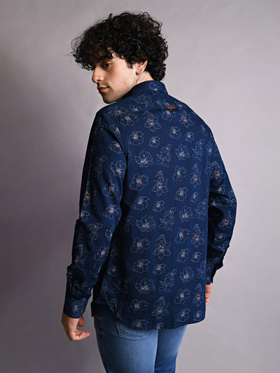 100% Cotton Indigo Navy Blue Printed Slim Fit Full Sleeve Casual Shirt