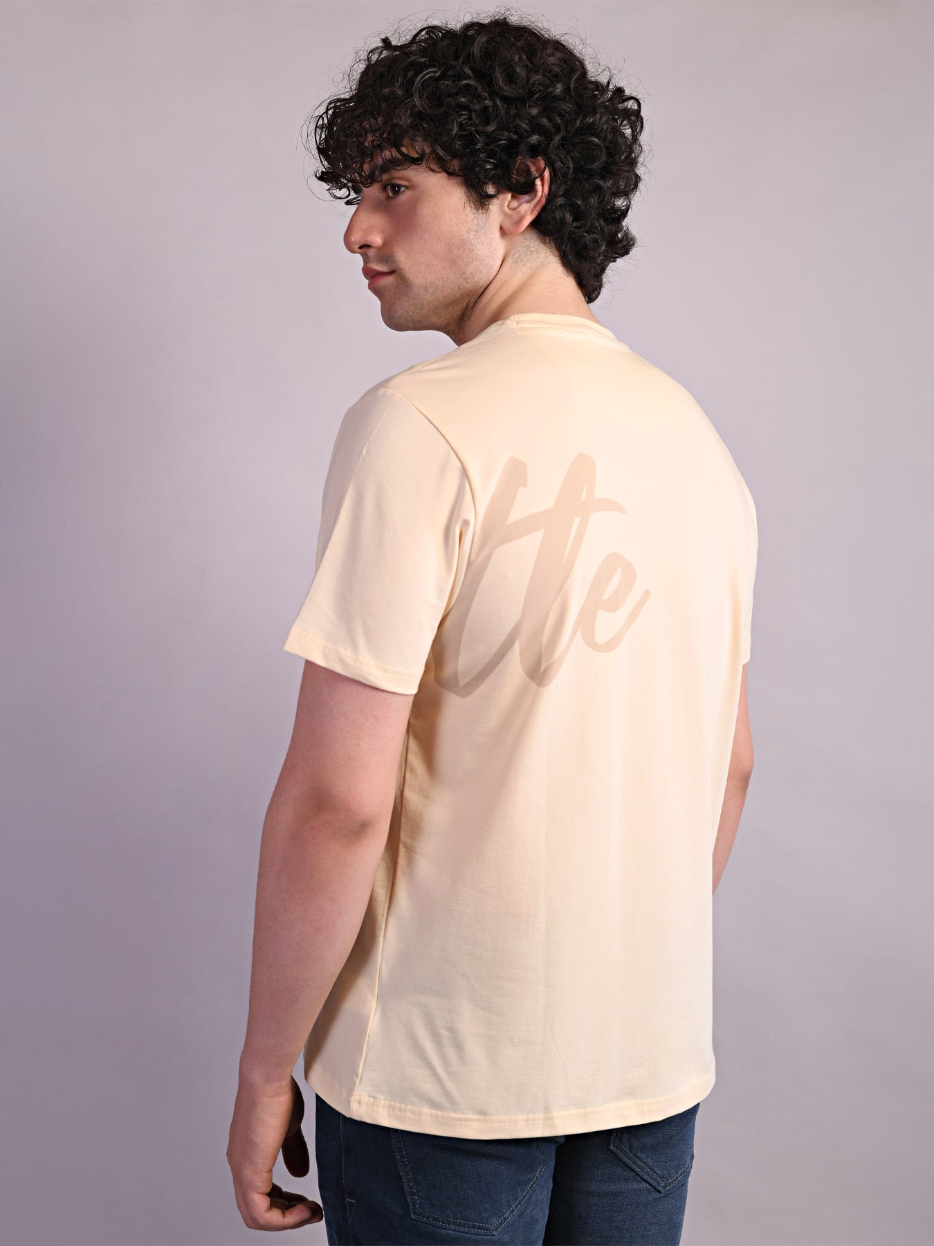 Cotton Stretch Cream Printed Crew Neck Half Sleeve Casual T-Shirt