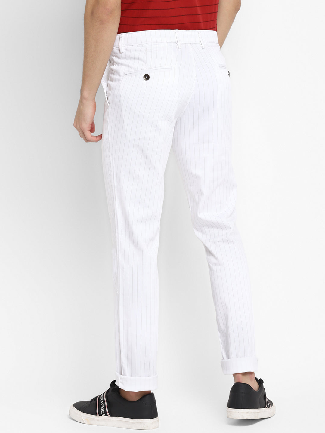 Cotton Stretch White Striped Narrow Fit Flat Front Casual Trouser