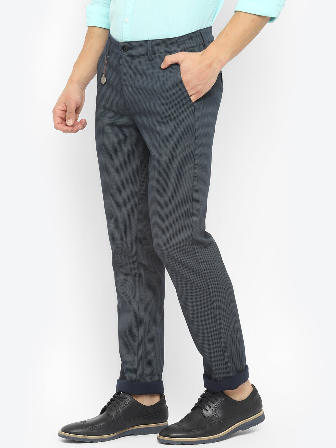 Cotton Stretch Dark Grey Checkered Ultra Slim Fit Flat Front Casual Trouser