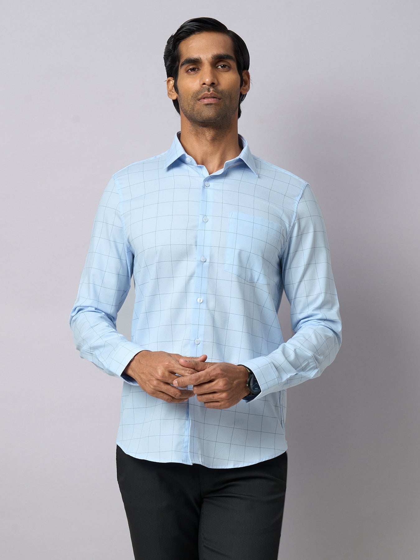 100% Cotton Sky Blue Checkered Slim Fit Full Sleeve Formal Shirt