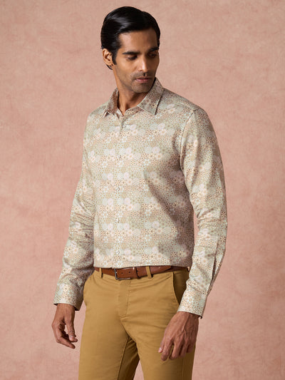 Cotton Tencel Khaki Printed Slim Fit Full Sleeve Ceremonial Shirt