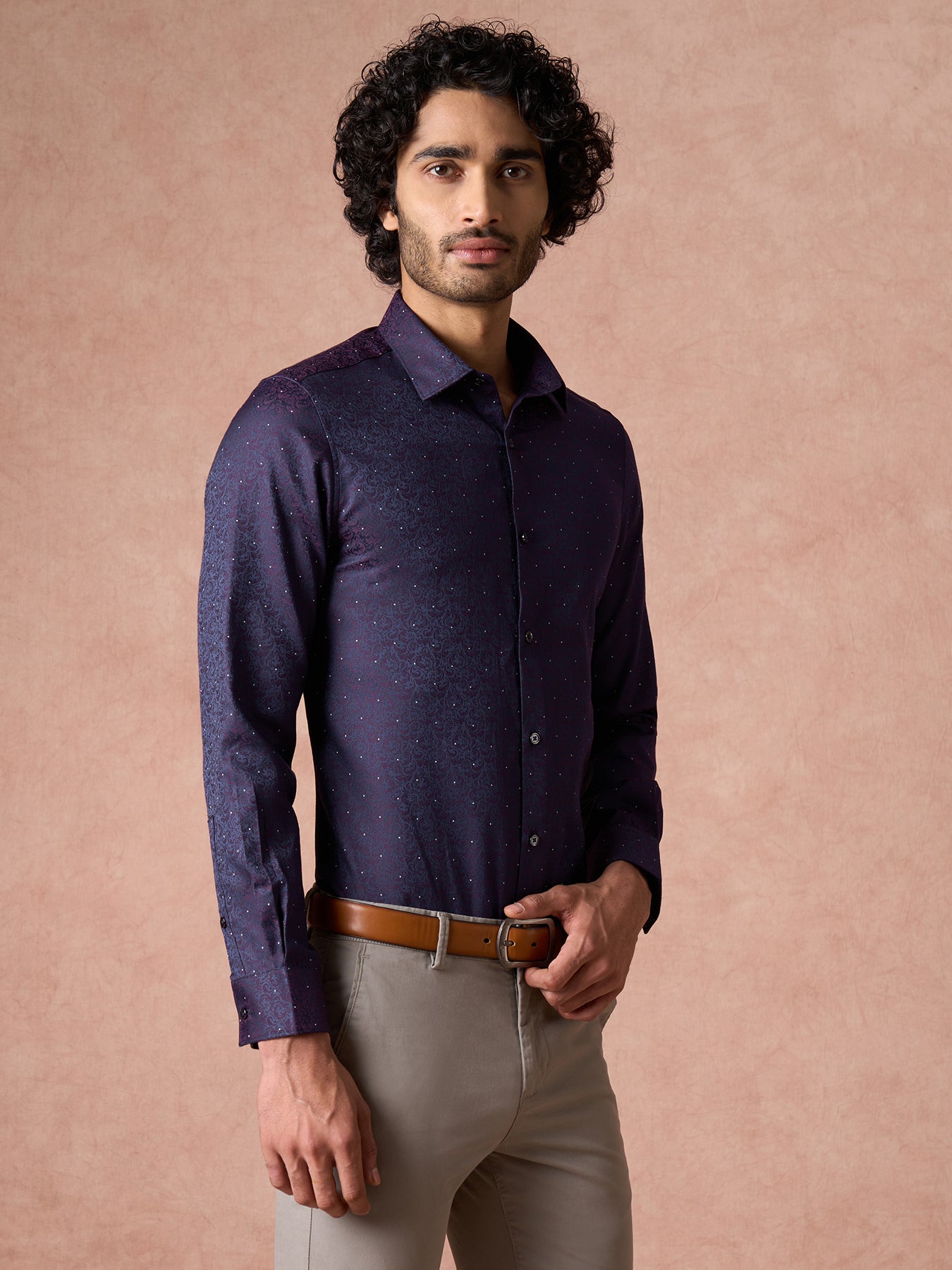 Poly Cotton Dark Blue Jacquard Slim Fit Full Sleeve Ceremonial Shirt