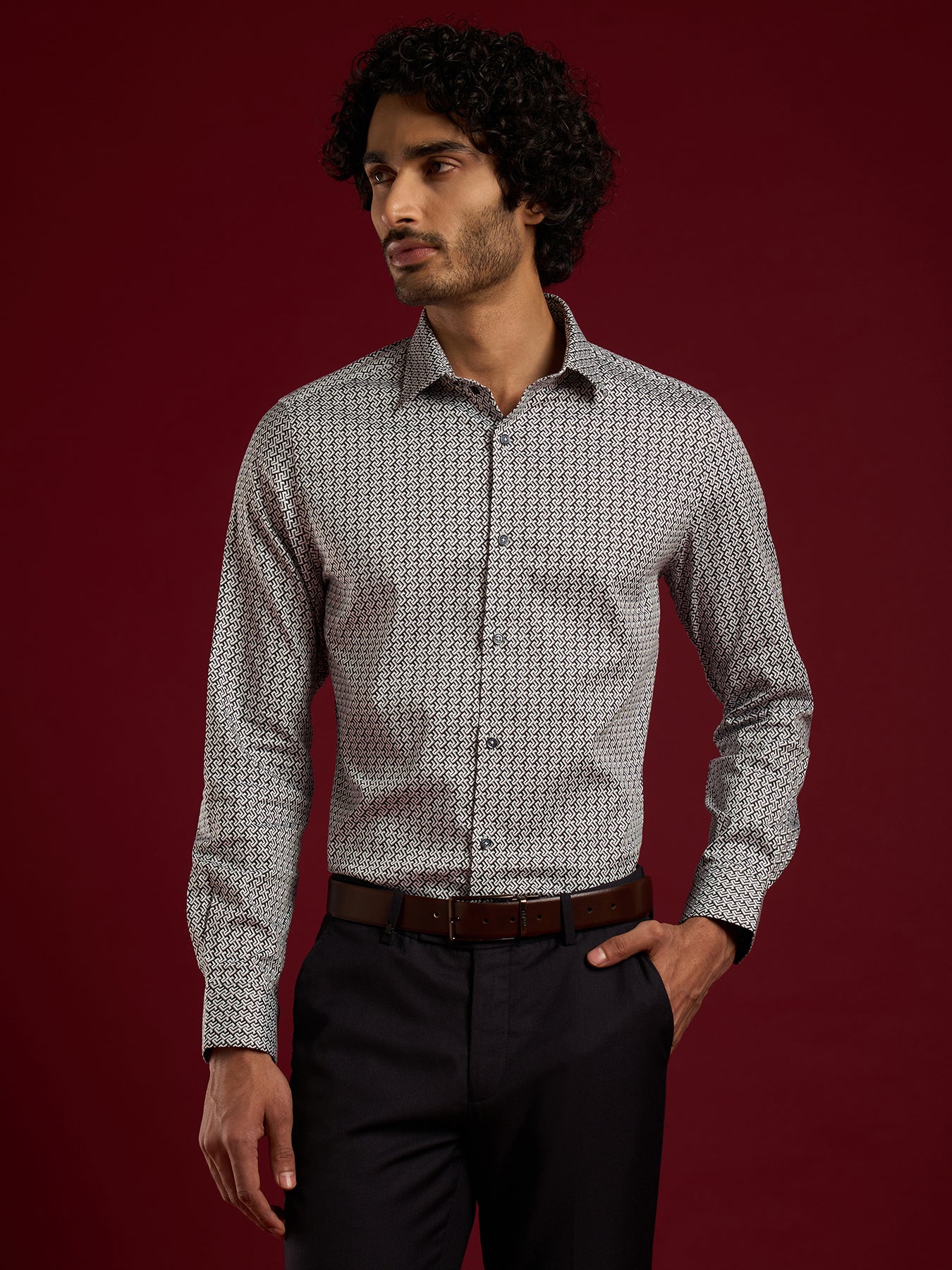 Poly Cotton Stretch Grey Printed Slim Fit Full Sleeve Ceremonial Shirt