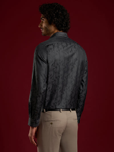 Poly Cotton Black Jacquard Slim Fit Full Sleeve Ceremonial Shirt