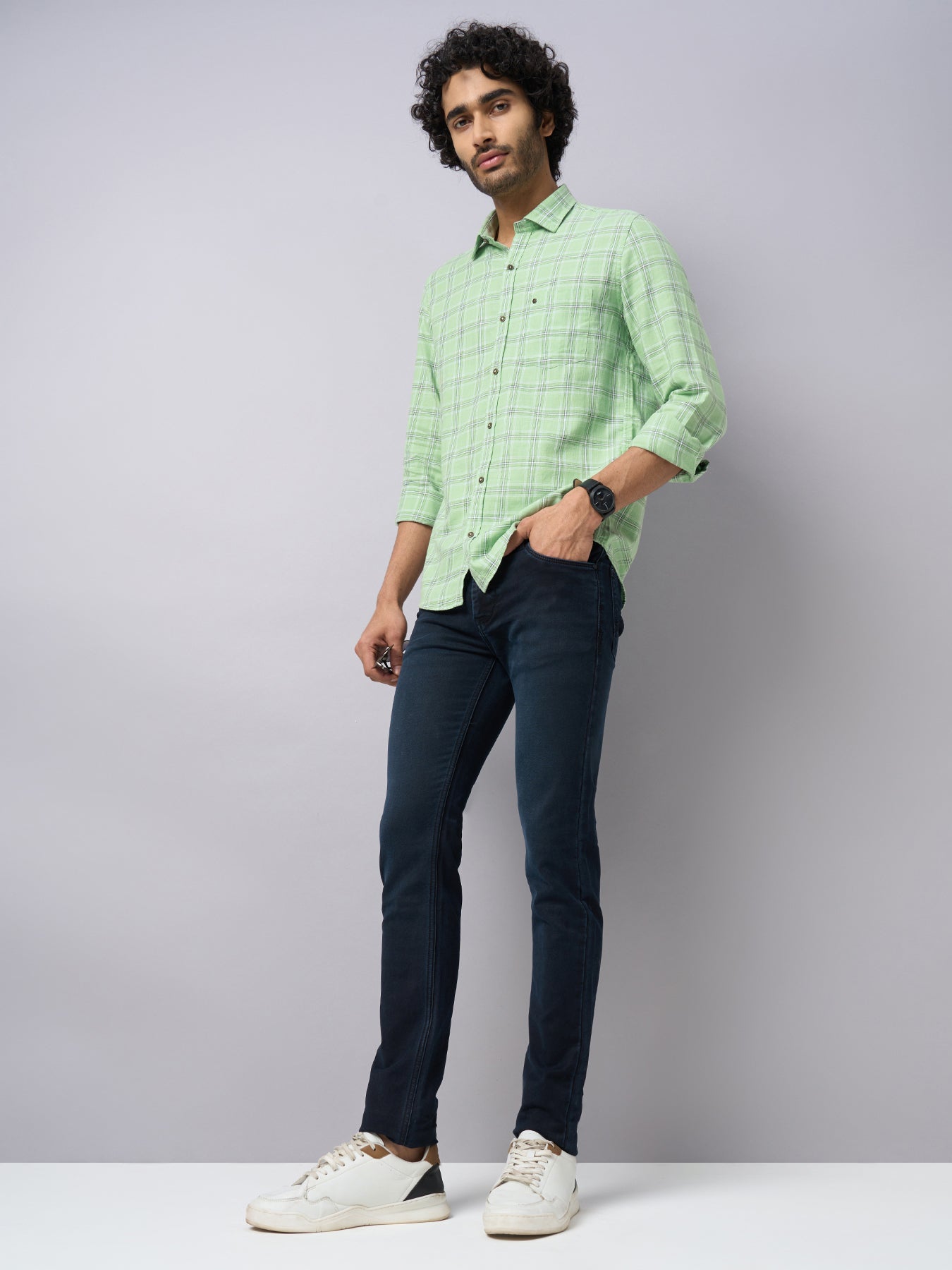 100% Cotton Pista Green Checkered Slim Fit Full Sleeve Casual Shirt