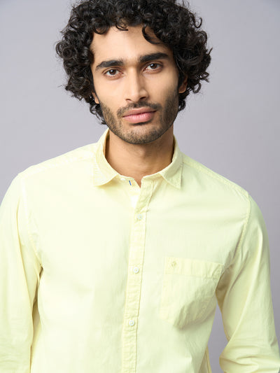 Cotton Stretch Lime Yellow Plain Slim Fit Full Sleeve Casual Shirt