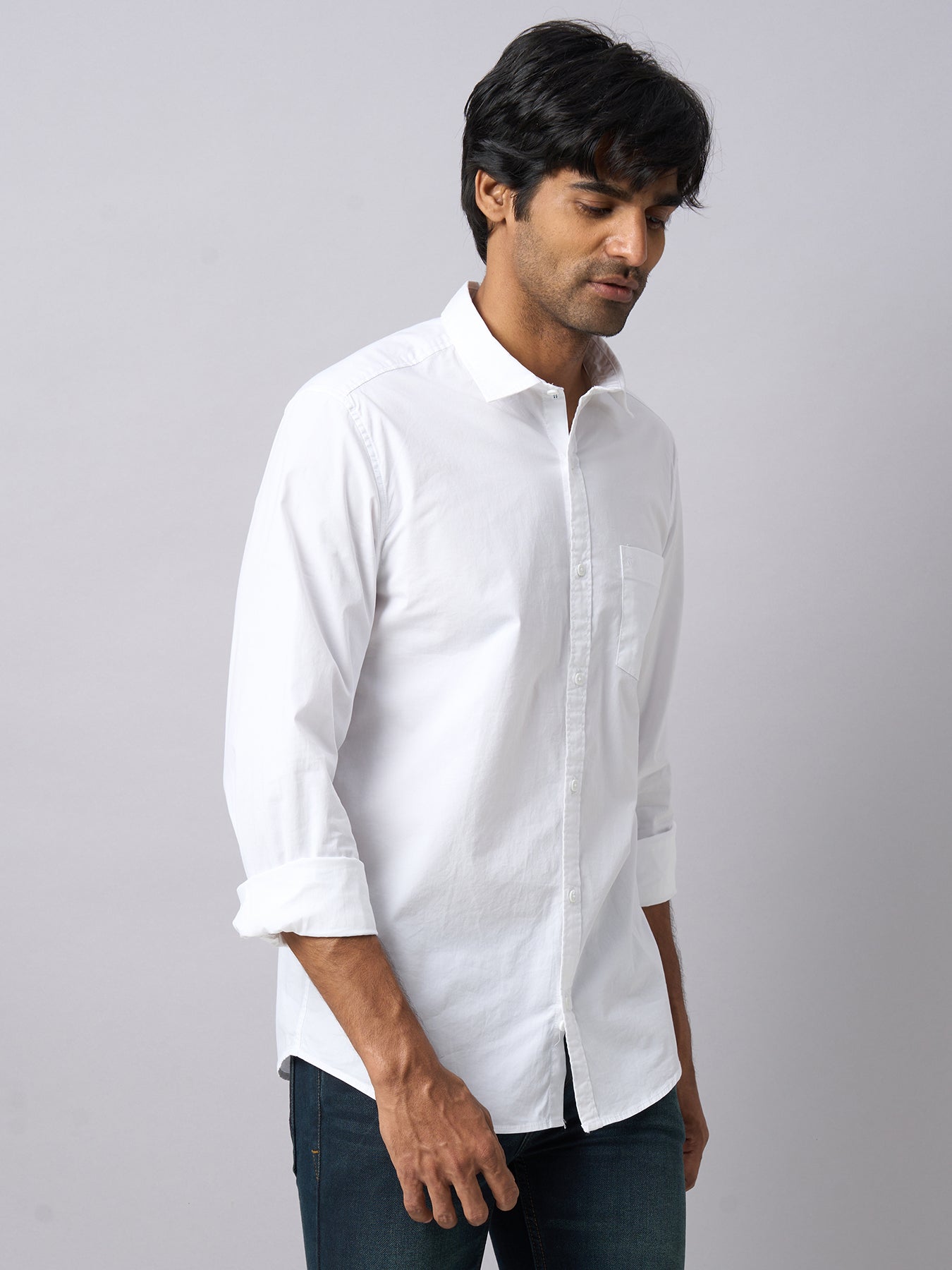 Cotton Stretch White Plain Slim Fit Full Sleeve Casual Shirt