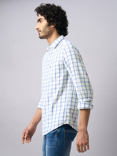 100% Cotton White Checkered Slim Fit Full Sleeve Casual Shirt