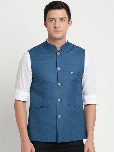 Turtle Men Navy Blue Self Design Nehru Jacket
