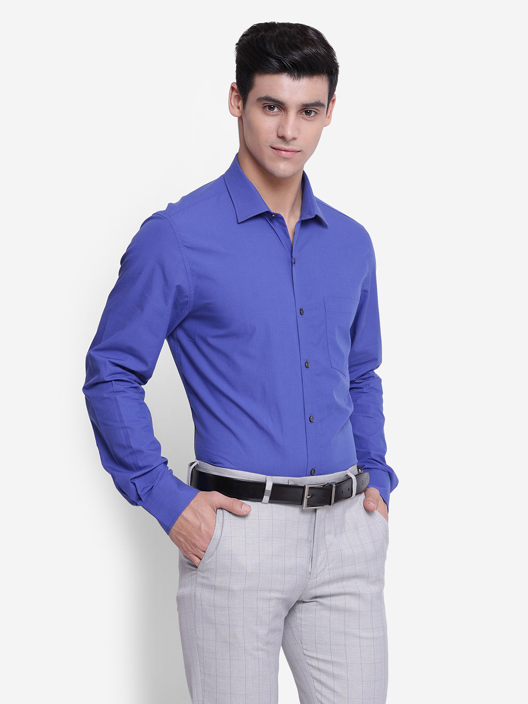 Giza Cotton Royal Blue Plain Slim Fit Full Sleeve Formal Shirt