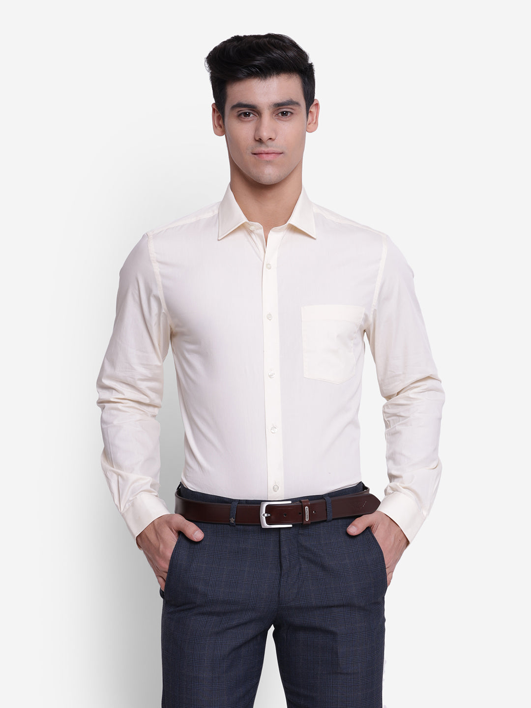 100% Cotton Cream Plain Slim Fit Full Sleeve Formal Shirt