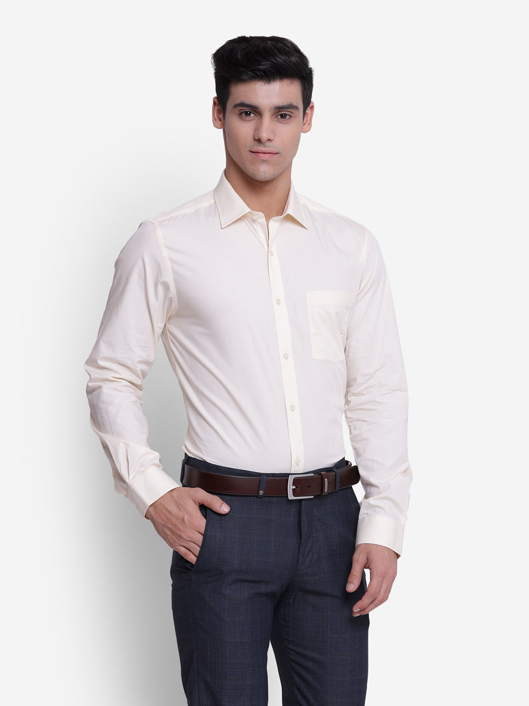 100% Cotton Cream Plain Slim Fit Full Sleeve Formal Shirt