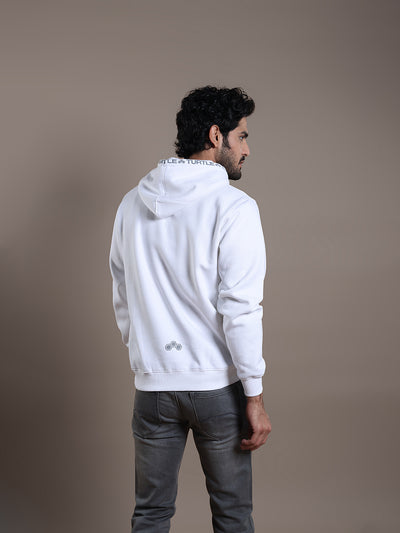 Knitted White Printed Full Sleeve Casual Hooded Sweatshirt