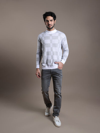 Knitted Light Grey Checkered Regular Fit Full Sleeve Casual Pullover