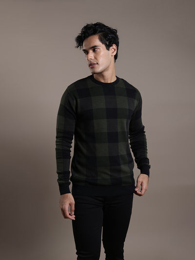 Knitted Olive Checkered Regular Fit Full Sleeve Casual Pullover