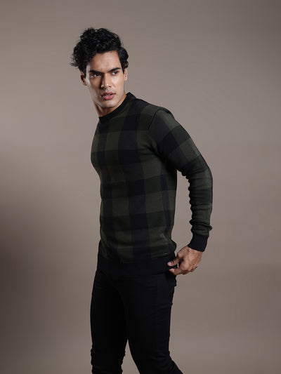 Knitted Olive Checkered Regular Fit Full Sleeve Casual Pullover