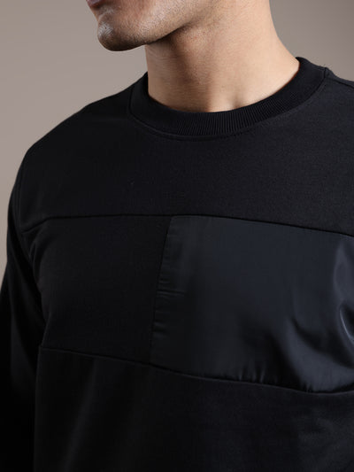Knitted Navy Blue Self Design Regular Fit Full Sleeve Casual Sweatshirt